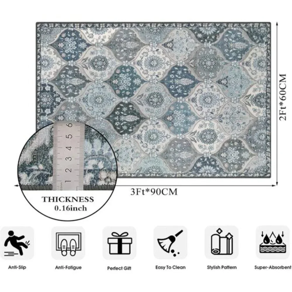 New 2x3 Moroccan Door Mat, Washable Non-Slip Blue Entry Rug for Home & Entry